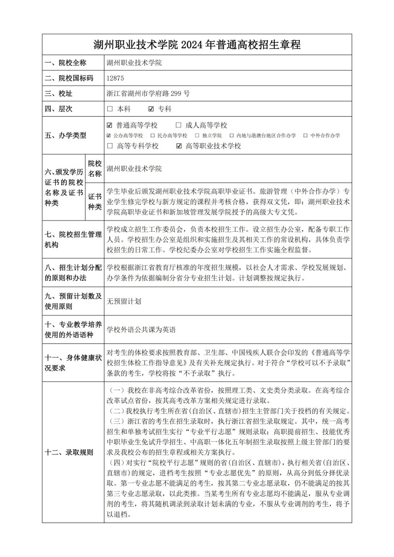 湖州职业技术学院2024年普通高校招生章程