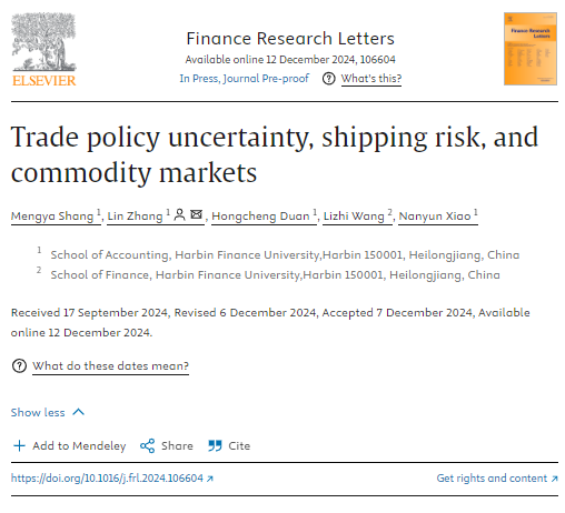 哈尔滨金融学院商梦雅博士后在金融学国际顶级期刊 Finance Research Letters发表高水平论文